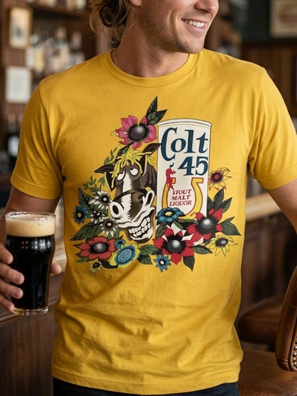 Colt 45 Shirt Vintage Malt Liquor Retro Graphic Tee Mustard Gold 80s Surf NWOT